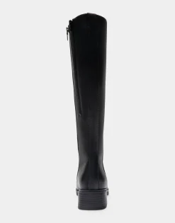 Comfortable Women's Knee High Elastic Inset Equestrian Boot in Black Grainy Faux Leather Faux Leather