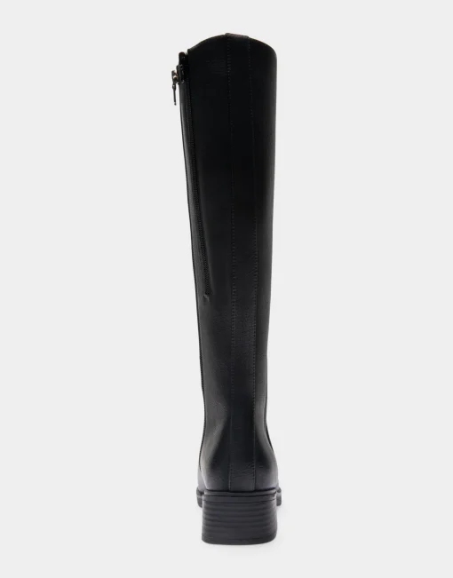 Comfortable Women's Knee High Elastic Inset Equestrian Boot in Black Grainy Faux Leather Faux Leather