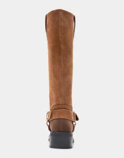 Comfortable Women's Knee High Squared Toe Engineer Boot in Tobacco Suede