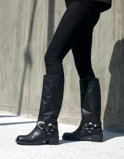 Comfortable Women's Knee High Squared Toe Engineer Boot in Black Waxy Leather