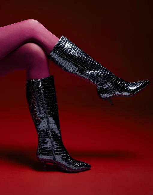Comfortable Women's Knee High Point Toe Kitten Heel Boot in Black Jelly Croco Croco Faux Leather