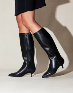 Comfortable Women's Knee High Point Toe Kitten Heel Boot in Black Leather Leather