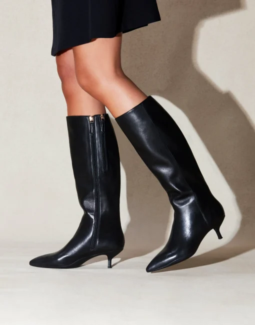 Comfortable Women's Knee High Point Toe Kitten Heel Boot in Black Leather Leather