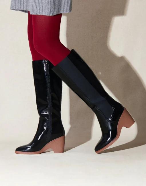 Comfortable Women's Knee High Sculpted Wedge Almond Toe Boot in Black Crinkled Patent Faux Leather