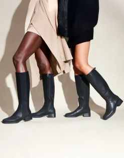 Comfortable Women's Knee High Elastic Inset Equestrian Boot in Black Grainy Faux Leather Faux Leather