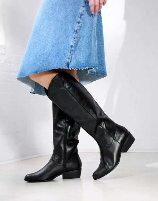Comfortable Women's Knee High Western Boot in Black Burnished Leather