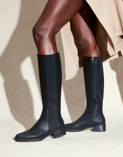 Comfortable Women's Knee High Elastic Inset Equestrian Boot in Black Grainy Faux Leather Faux Leather