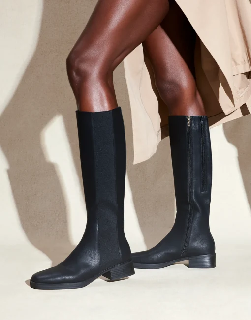 Comfortable Women's Knee High Elastic Inset Equestrian Boot in Black Grainy Faux Leather Faux Leather