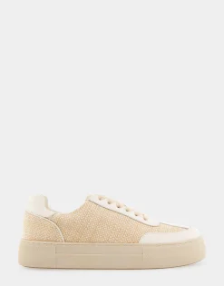 Comfortable Women's Lace Up Hidden Wedge Sneaker in Sand Raffia Combo Raffia Fabric