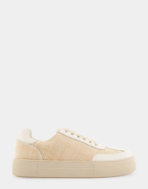 Comfortable Women's Lace Up Hidden Wedge Sneaker in Sand Raffia Combo Raffia Fabric