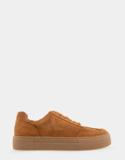 Comfortable Women's Lace Up Hidden Wedge Sneaker in Tan Suede