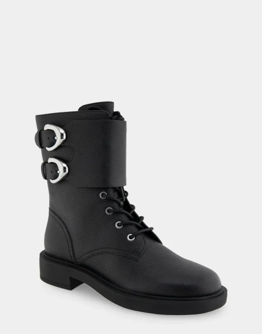Comfortable Women's Lace Up Combat Boot With Monk Strap in Black Pebbled Leather Leather