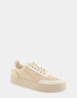 Comfortable Women's Lace Up Hidden Wedge Sneaker in Sand Raffia Combo Raffia Fabric