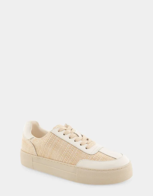 Comfortable Women's Lace Up Hidden Wedge Sneaker in Sand Raffia Combo Raffia Fabric