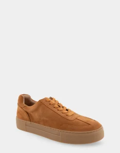 Comfortable Women's Lace Up Hidden Wedge Sneaker in Tan Suede