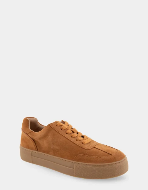 Comfortable Women's Lace Up Hidden Wedge Sneaker in Tan Suede