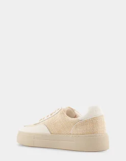 Comfortable Women's Lace Up Hidden Wedge Sneaker in Sand Raffia Combo Raffia Fabric