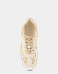 Comfortable Women's Lace Up Hidden Wedge Sneaker in Sand Raffia Combo Raffia Fabric