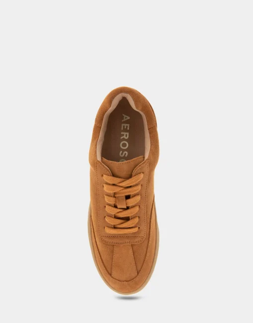 Comfortable Women's Lace Up Hidden Wedge Sneaker in Tan Suede