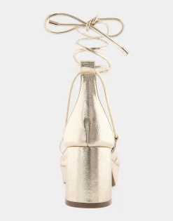 Comfortable Women's Lace Up Platform Sandal in Soft Gold Faux Leather