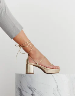 Comfortable Women's Lace Up Platform Sandal in Soft Gold Faux Leather