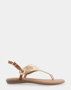 Comfortable Women's Laser Cut Slingback Thong Sandal in Soft Gold Faux Leather