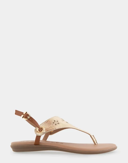 Comfortable Women's Laser Cut Slingback Thong Sandal in Soft Gold Faux Leather
