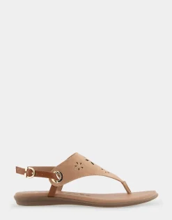 Comfortable Women's Laser Cut Slingback Thong Sandal in Doe Faux Leather Faux Suede