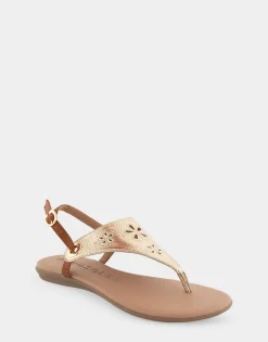 Comfortable Women's Laser Cut Slingback Thong Sandal in Soft Gold Faux Leather