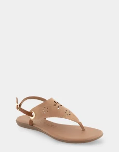 Comfortable Women's Laser Cut Slingback Thong Sandal in Doe Faux Leather Faux Suede