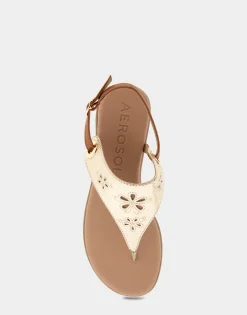 Comfortable Women's Laser Cut Slingback Thong Sandal in Soft Gold Faux Leather