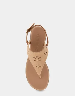 Comfortable Women's Laser Cut Slingback Thong Sandal in Doe Faux Leather Faux Suede