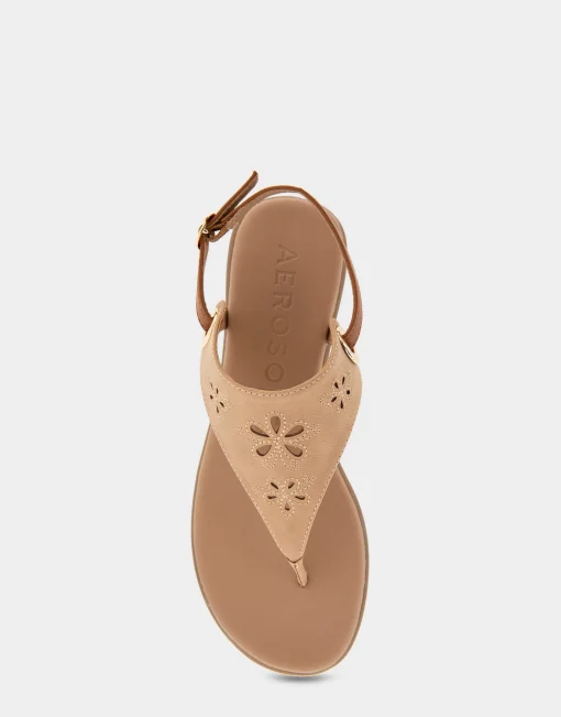 Comfortable Women's Laser Cut Slingback Thong Sandal in Doe Faux Leather Faux Suede