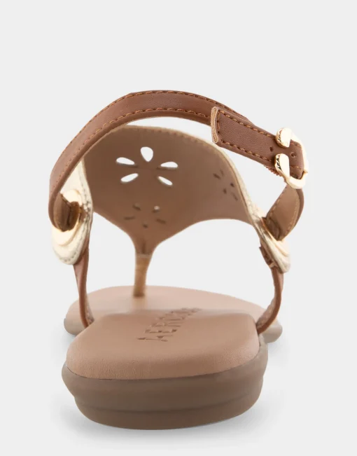 Comfortable Women's Laser Cut Slingback Thong Sandal in Soft Gold Faux Leather