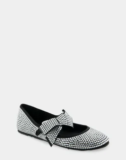 Comfortable Women's Mary Jane Flat in Black Satin Crystal
