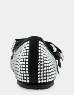 Comfortable Women's Mary Jane Flat in Black Satin Crystal