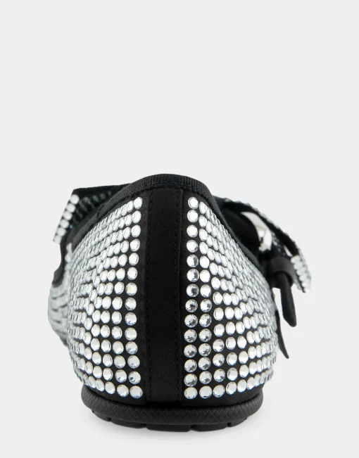 Comfortable Women's Mary Jane Flat in Black Satin Crystal