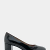 Comfortable Women's Mid Heel Pump in Black Patent Faux Leather