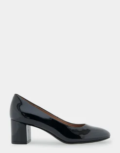 Comfortable Women's Mid Heel Pump in Black Patent Faux Leather