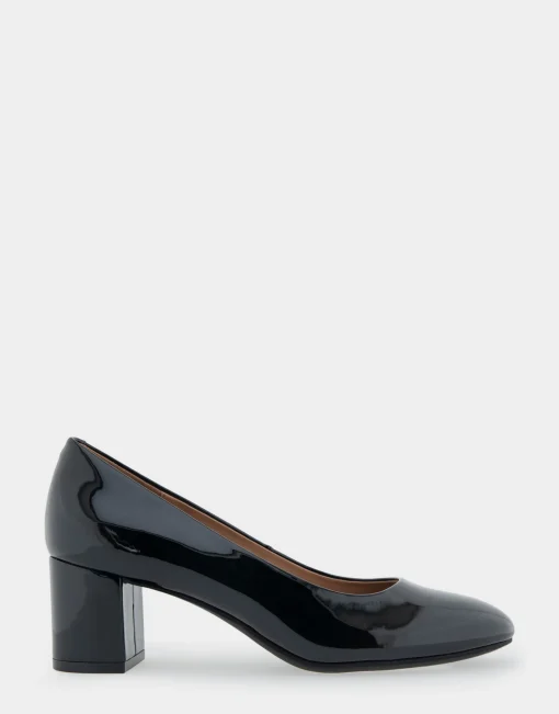 Comfortable Women's Mid Heel Pump in Black Patent Faux Leather