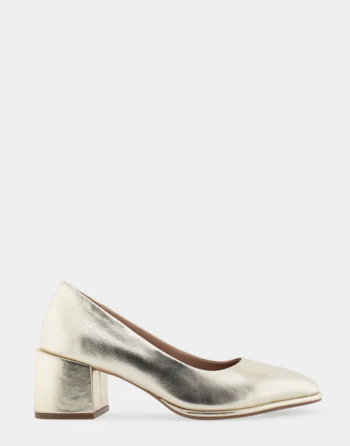 Comfortable Women's Mid Heel Pump in Gold Genuine Leather