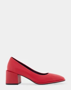 Comfortable Women's Mid Heel Pump in Red Genuine Leather