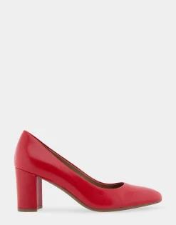 Comfortable Women's Mid Heel Pump in Racing Red Leather