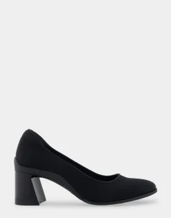 Comfortable Women's Mid Heel Pump in Black Stretch Fabric Stretch Fabric