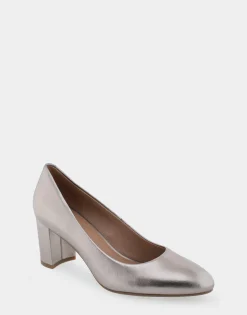 Comfortable Women's Mid Heel Pump in Champagne Genuine Leather