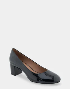 Comfortable Women's Mid Heel Pump in Black Patent Faux Leather