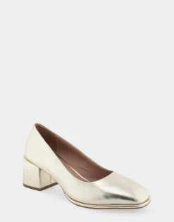 Comfortable Women's Mid Heel Pump in Gold Genuine Leather