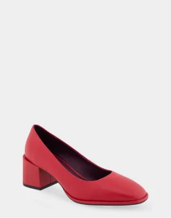 Comfortable Women's Mid Heel Pump in Red Genuine Leather