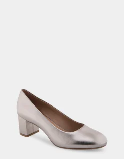 Comfortable Women's Mid Heel Pump in Champagne Genuine Leather