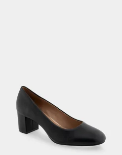 Comfortable Women's Mid Heel Pump in Black Genuine Leather